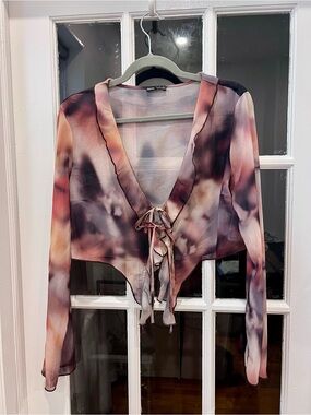 Bershka L Sheer Abstract Print Cropped Tie Front Blouse Y2K festival